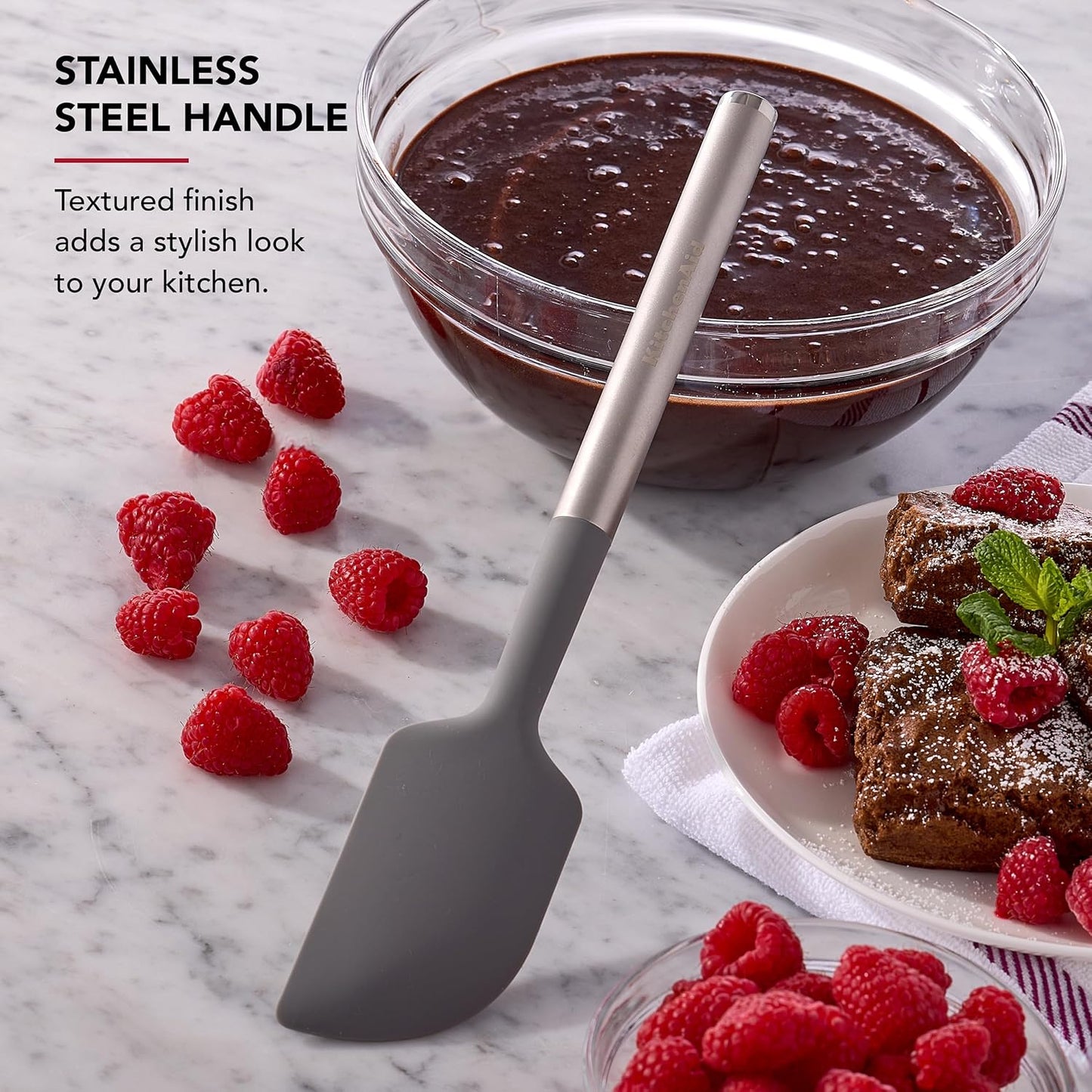 KitchenAid Spoon Spatula with Curved Edges and Stainless Steel Handle, Nonstick Safe, Durable, Dishwasher Safe