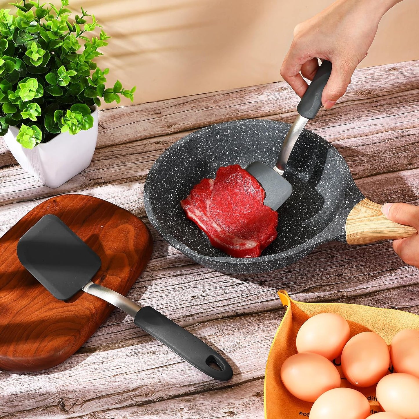 Silicone Cookie Spatula Turner 2 Pack Mini Brownie Spatula Flexible Kitchen Small Silicone Turner for Nonstick Cookware Heat Resistant No Scratch Flipper for Pancake(Solid Flat,Gray, Blue)