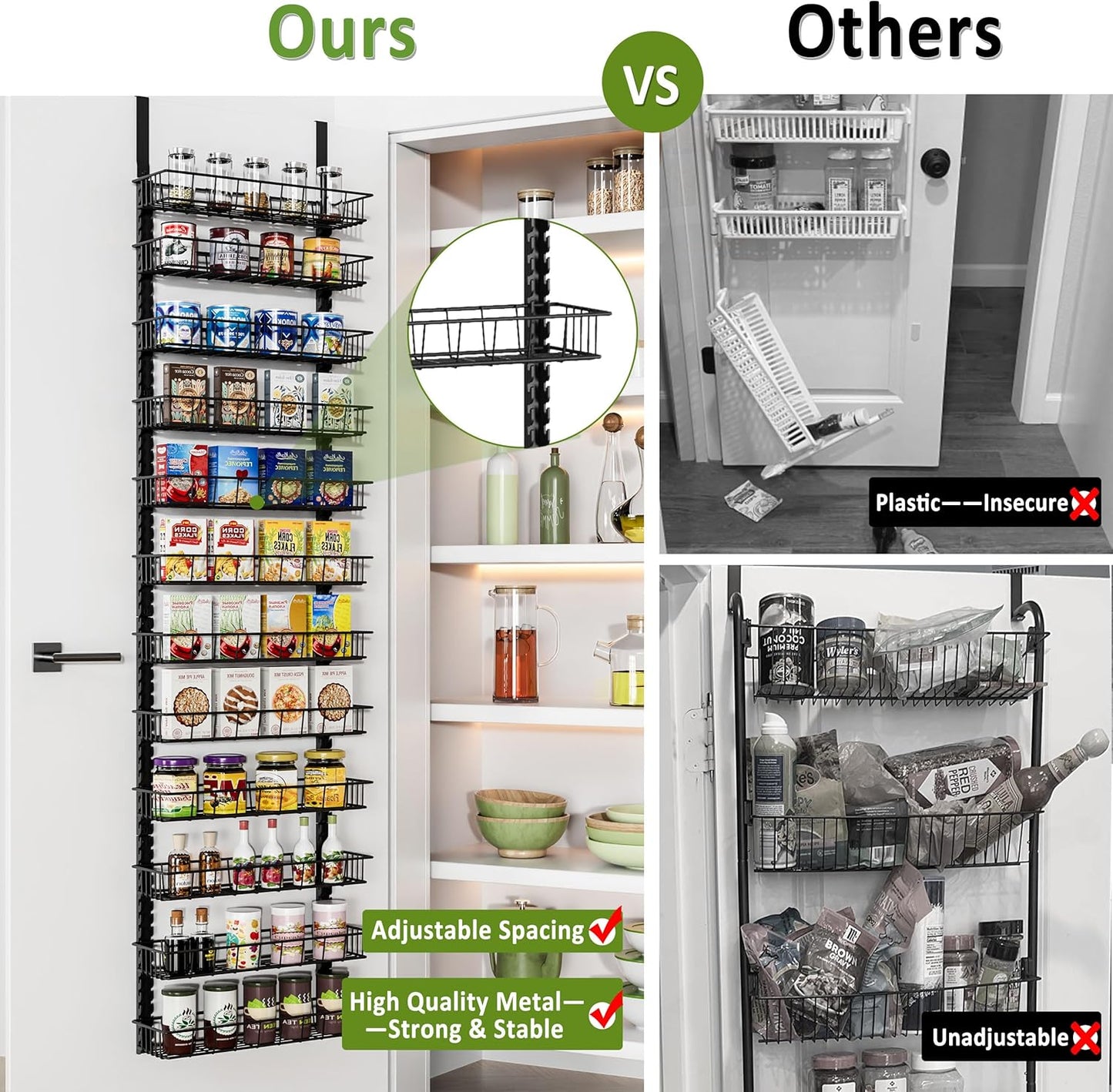 Churboro Over the Door Pantry Organizer Rack with 9 Adjustable Baskets, 9 Tiers Dual-use Hanging or Wall Mount Spice Rack Organizer, Black