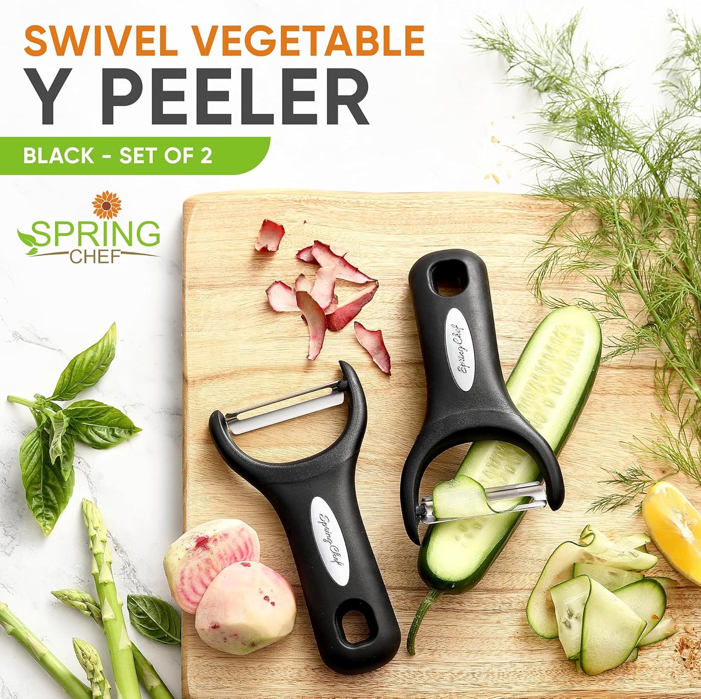 Spring Chef Swivel Vegetable Peeler & Y Potato Peeler for Kitchen with Soft Grip Handles and Ultra Sharp Stainless Steel Blades, Perfect for Veggie, Fruit, Carrot, Apple - Dishwasher Safe - Black