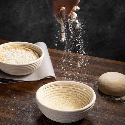 Swice Bread Proofing Basket, Round 9-Inch Banneton Sourdough Starter Kit with Lame, Dough Scraper, Linen Liner, and Basting Brush, Complete Bread Making Supplies and Tools