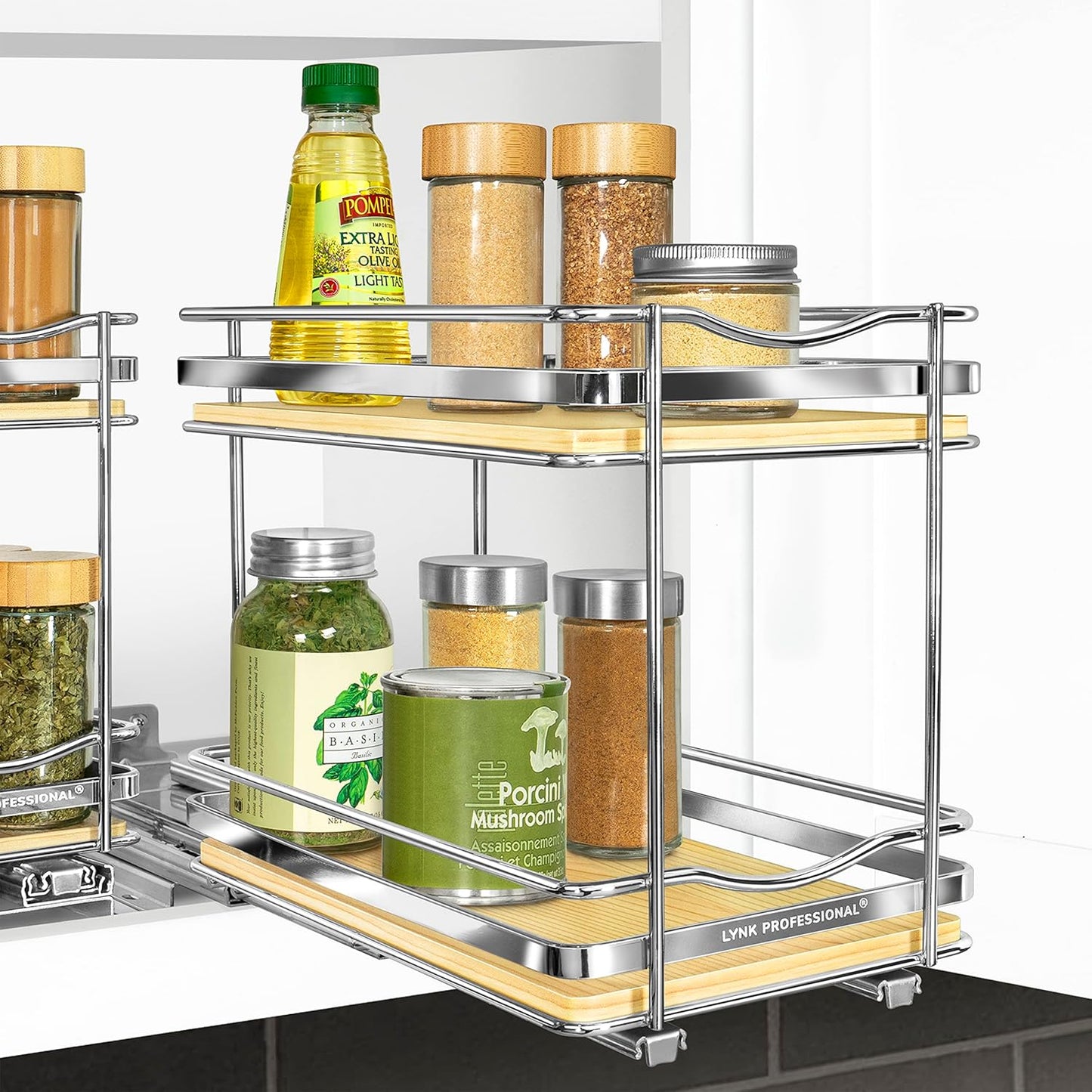 LYNK PROFESSIONAL® Pull Out Spice Organization for Cabinets - 4-3/8 inch Wide – Spice Rack for Inside Cabinets, Slide Out Spice Rack Organizer for cabinet – Pull Out Spice Rack, Sliding 2 Tier Chrome