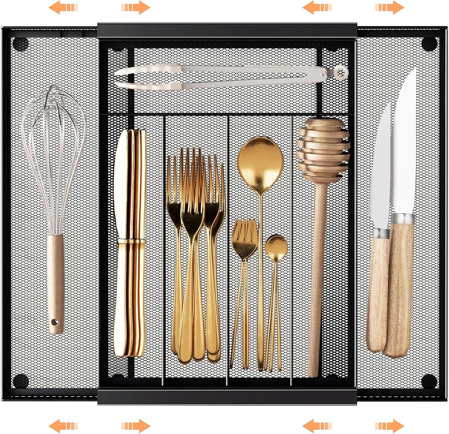 Sedegn Silverware Organizer Metal Mesh, Large Drawer Organizer, Utensil Cutlery Tray for kitchen drawers, Flatware Organizer with 6 Compartment, Black (11.3”*16“)
