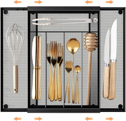 Sedegn Silverware Organizer Metal Mesh, Large Drawer Organizer, Utensil Cutlery Tray for kitchen drawers, Flatware Organizer with 6 Compartment, Black (11.3”*16“)