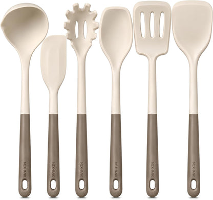 Silicone Kitchen Utensils Set, 6-Piece Premium, Cream White & Mocha | Premium Food-Grade Silicone, BPA-Free, Dishwasher Safe, Heat Resistant up to 500°F, Non-scratch. Long Ergonomic Handles.