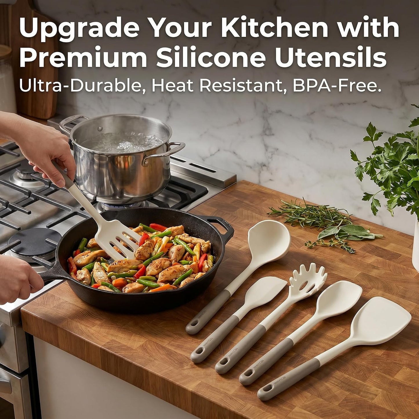 Silicone Kitchen Utensils Set, 6-Piece Premium, Cream White & Mocha | Premium Food-Grade Silicone, BPA-Free, Dishwasher Safe, Heat Resistant up to 500°F, Non-scratch. Long Ergonomic Handles.