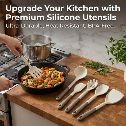 Silicone Kitchen Utensils Set, 6-Piece Premium, Cream White & Mocha | Premium Food-Grade Silicone, BPA-Free, Dishwasher Safe, Heat Resistant up to 500°F, Non-scratch. Long Ergonomic Handles.