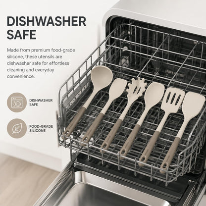Silicone Kitchen Utensils Set, 6-Piece Premium, Cream White & Mocha | Premium Food-Grade Silicone, BPA-Free, Dishwasher Safe, Heat Resistant up to 500°F, Non-scratch. Long Ergonomic Handles.
