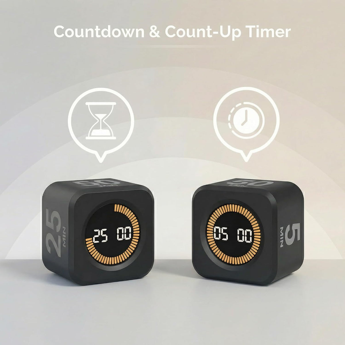 Pomodoro Timer Visual - Productivity Pomodoro Cube, 5/10/25/50 Min Countdown & Countup, Silent – Ideal for Work Study Cook Workout Kitchen School Classroom Office ADHD Gift Kids (1, Black)
