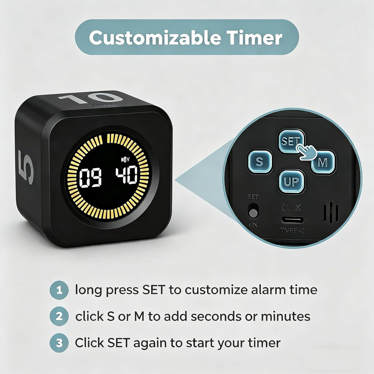 Pomodoro Timer Visual - Productivity Pomodoro Cube, 5/10/25/50 Min Countdown & Countup, Silent – Ideal for Work Study Cook Workout Kitchen School Classroom Office ADHD Gift Kids (1, Black)