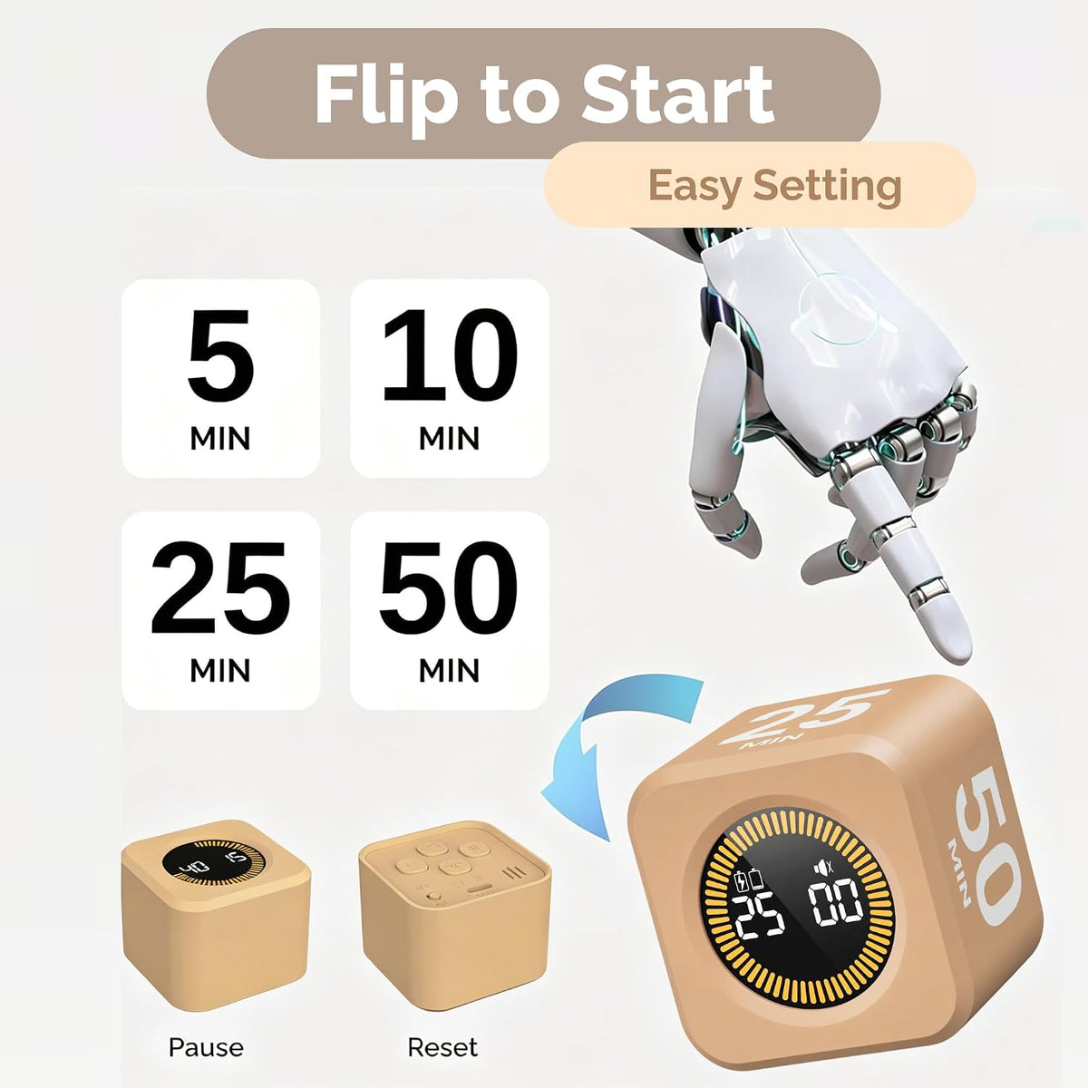 Pomodoro Timer Visual - Productivity Pomodoro Cube, 5/10/25/50 Min Countdown & Countup, Silent – Ideal for Work Study Cook Workout Kitchen School Classroom Office ADHD Gift Kids (1, Black)