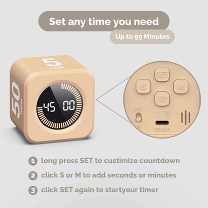 Pomodoro Timer Visual - Productivity Pomodoro Cube, 5/10/25/50 Min Countdown & Countup, Silent – Ideal for Work Study Cook Workout Kitchen School Classroom Office ADHD Gift Kids (1, Black)
