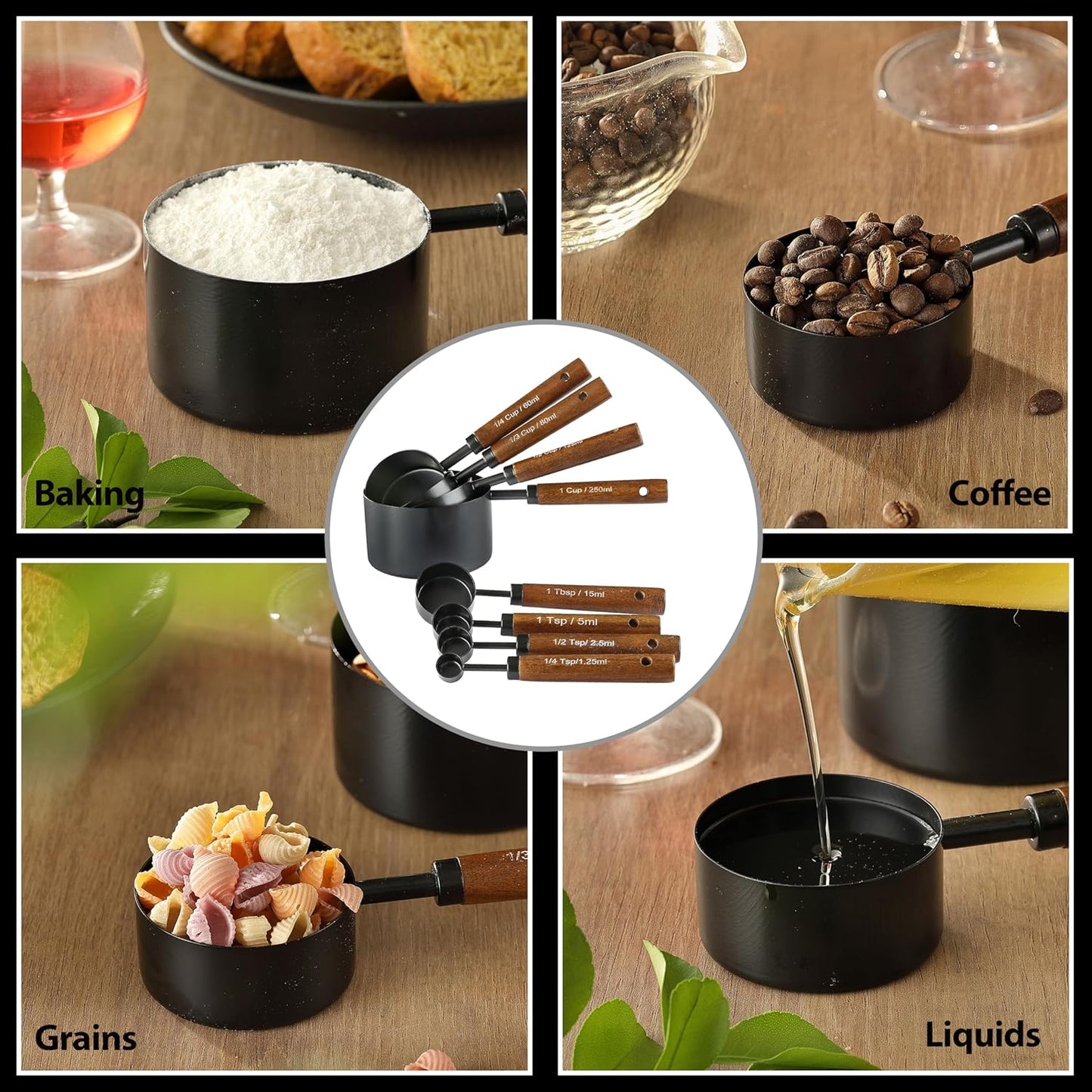 8PCS Measuring Cups and Spoons Set, DV Stainless Steel Measuring Cups with Ergonomic Wooden Handle for Cooking & Baking
