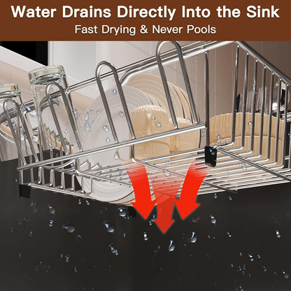 Over the Sink Expandable Dish Drainer Drying Rack In Stainless Steel for Small Kitchen, Counter Space Saving Modern Compact Metal Above Plate Dryer Strainer, Adjustable Hanging Inside Drain Holder