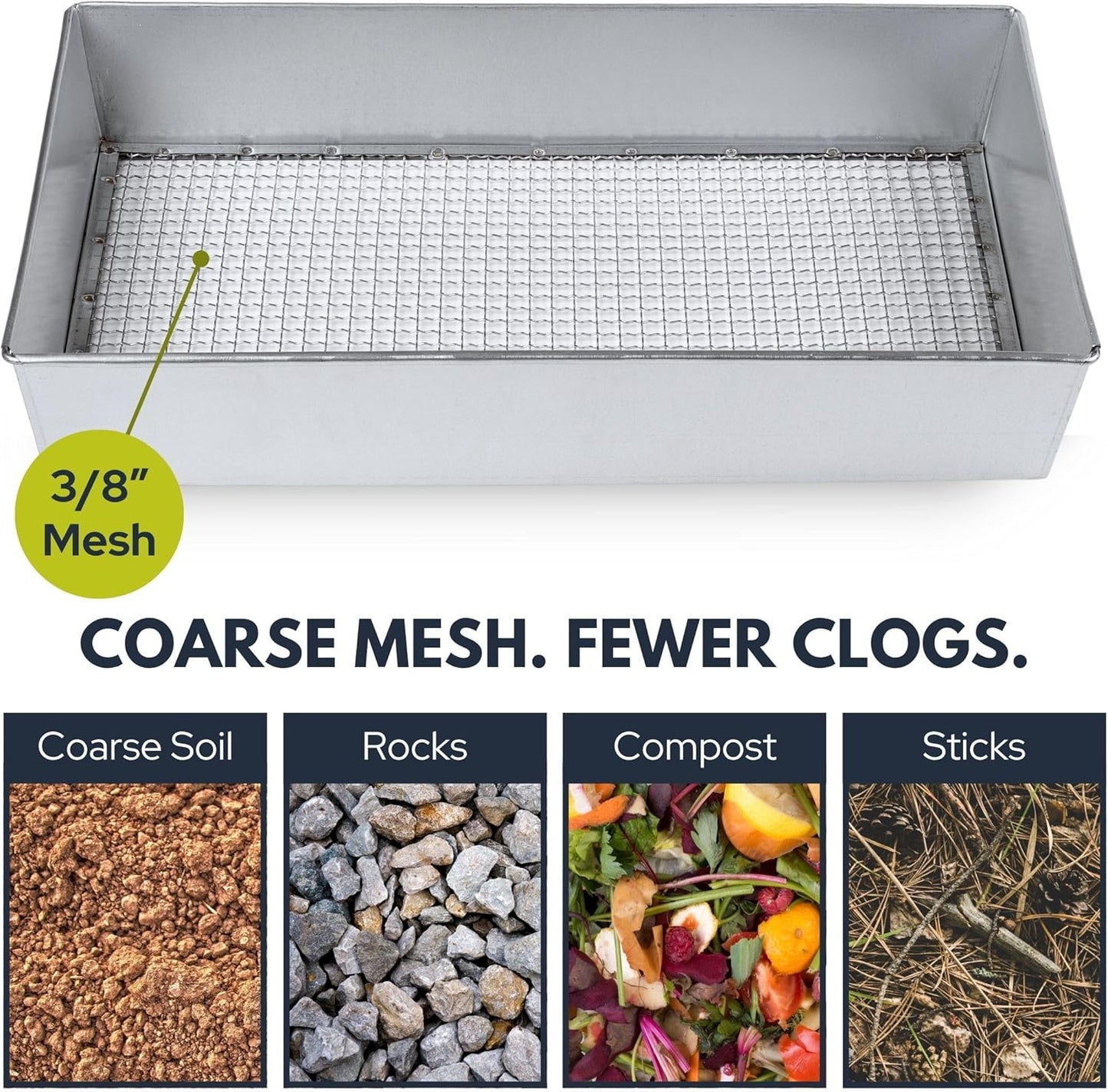 Soil Sifter, Wide Size (17.5 x 11.5 inches) with 1/4-inch Mesh, Garden Sieve for Dirt, Sand, Rocks, and Compost