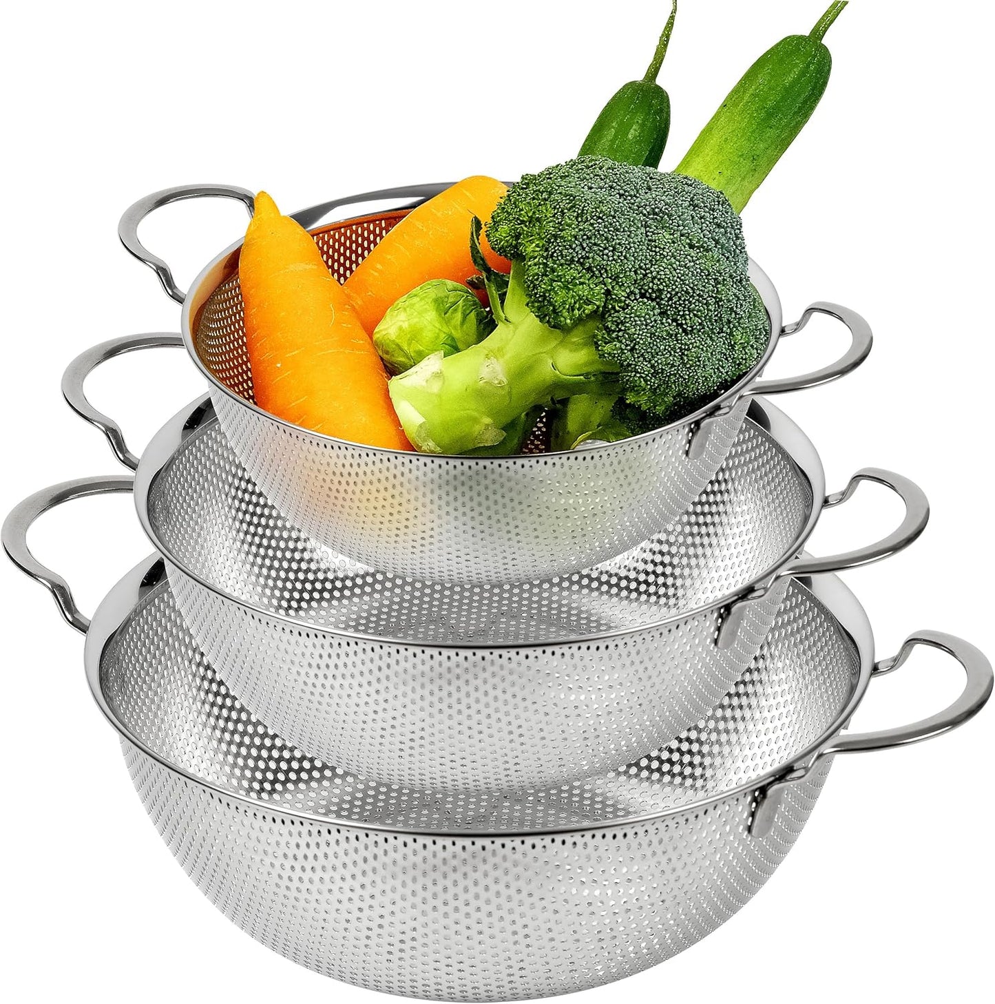 Shallow Stainless Steel Colander Set of 3 – Micro-Perforated Tray Strainers for Berries Vegetables Fruit, 18/8 304 Low Profile (2, 3, 4 Qt) Self-Draining Base, Dishwasher Safe, Made in Korea