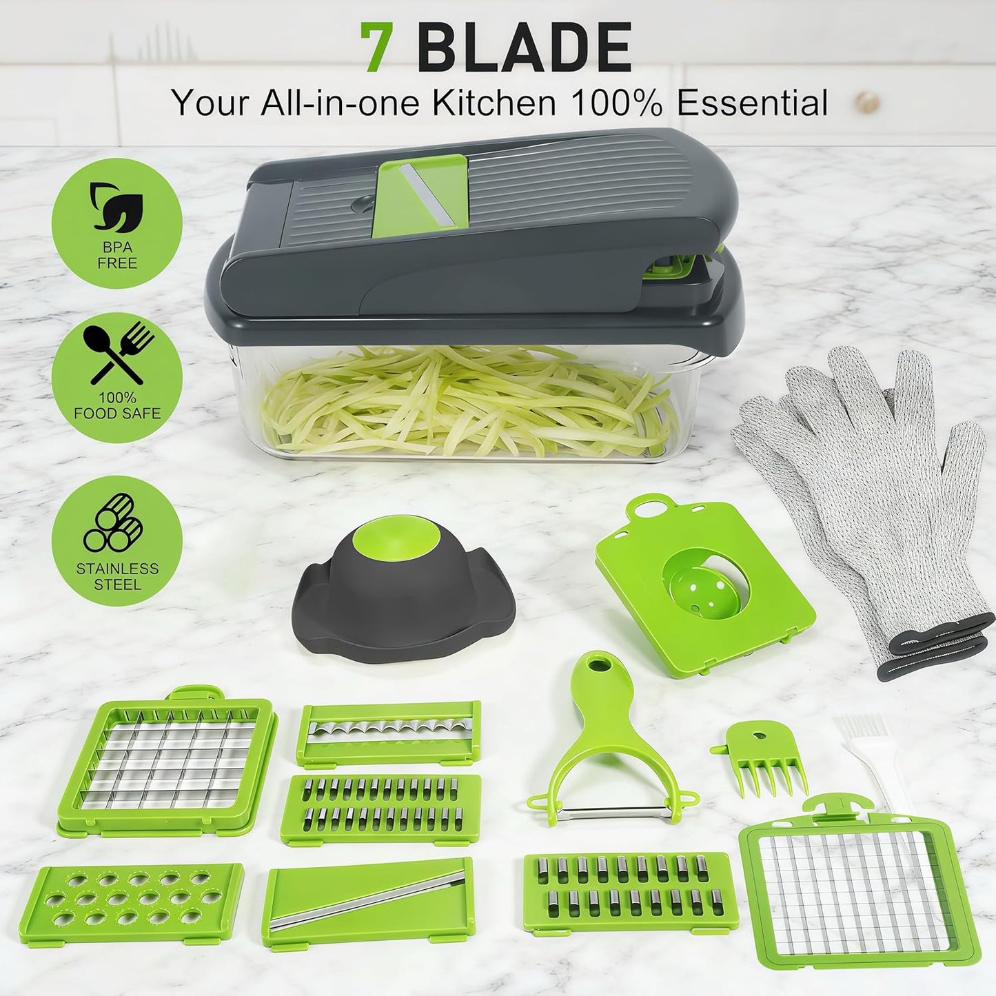 Mandoline Slicer for Kitchen, Vegetable Chopper & Dicer, Professional Food Slicer with Stainless Steel Blades, Safe Veggie Chopper for Onion Potato Carrot Fruit, Easy to Clean