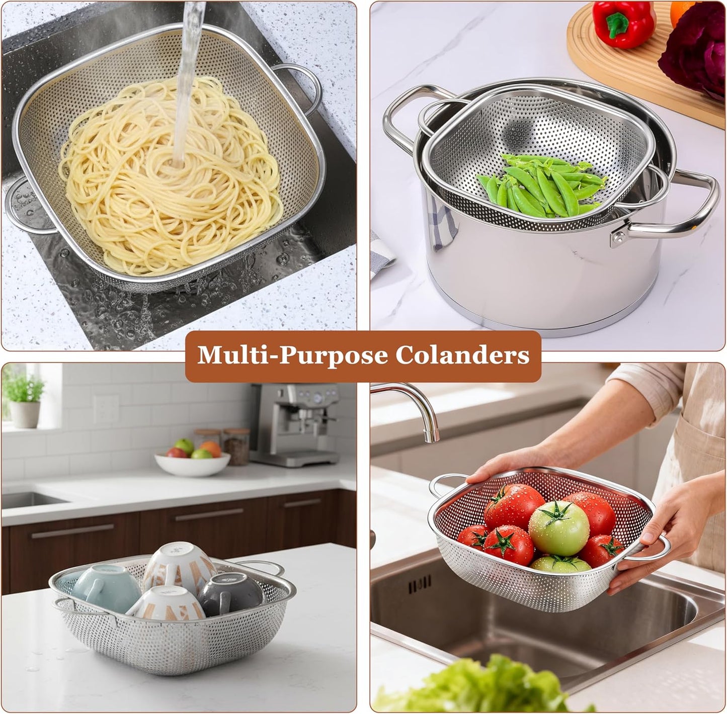 E-far 3 Pack Colander for Kitchen, Square Stainless Steel Metal Strainer Colander with Handle for Draining Food Pasta Vegetable, Micro-Perforated & Elevated Feet, Dishwasher Safe(2.4/4/6QT)