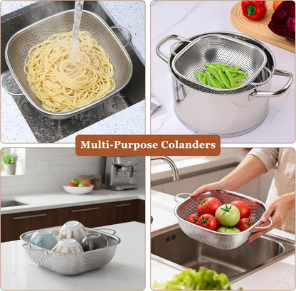 E-far 3 Pack Colander for Kitchen, Square Stainless Steel Metal Strainer Colander with Handle for Draining Food Pasta Vegetable, Micro-Perforated & Elevated Feet, Dishwasher Safe(2.4/4/6QT)