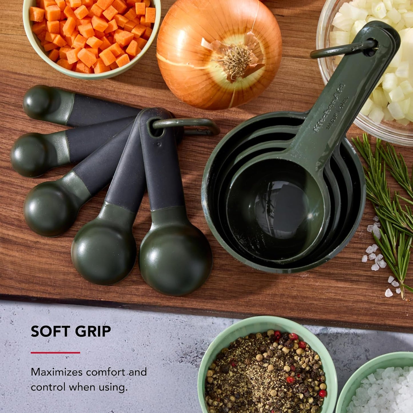 KitchenAid Universal Easy To Read Measuring Cup and Spoon Set with Soft Grip Handle for Maximum Control, Hang Hole and Nesting For Easy Storage, Dishwasher Safe, 9 Piece, Pistachio