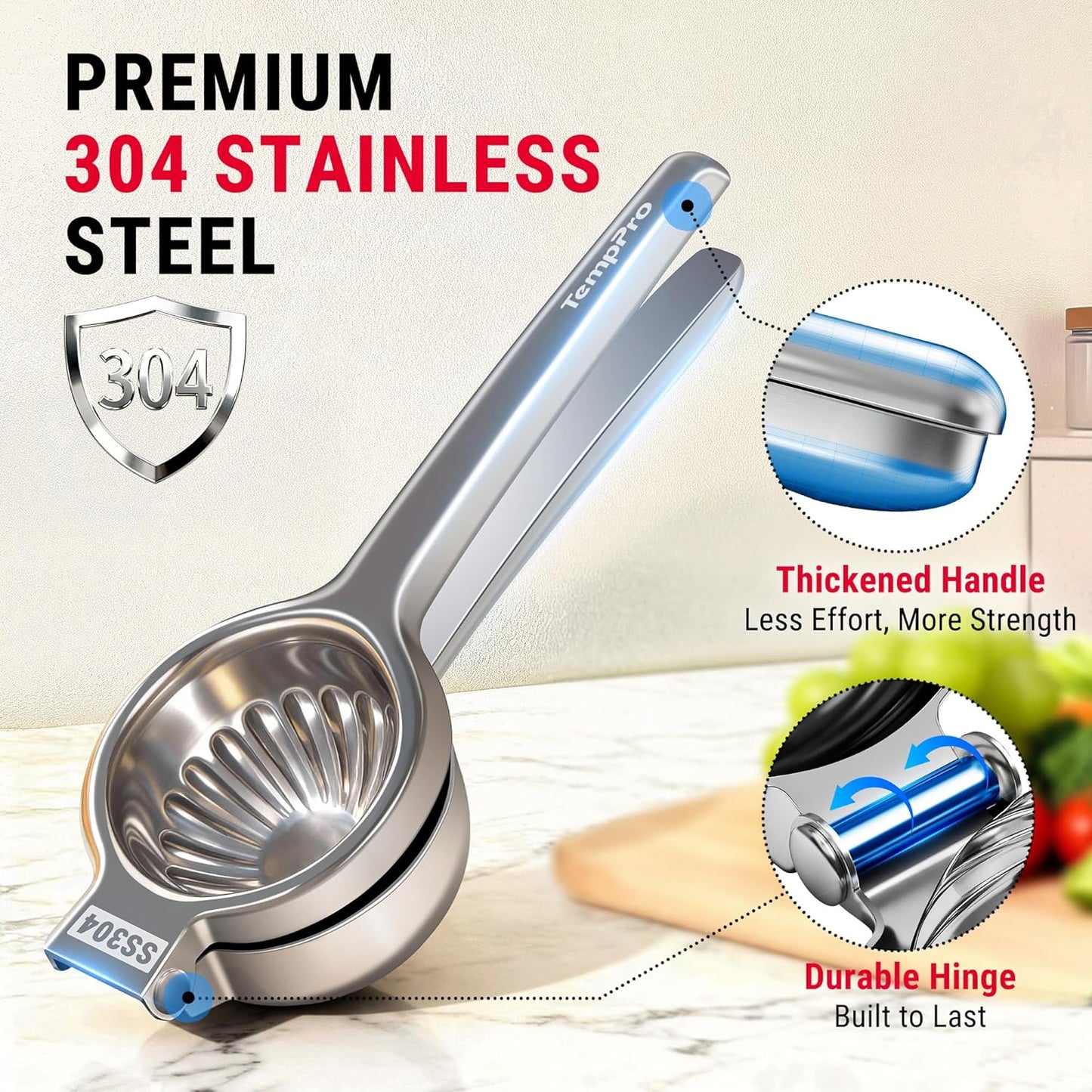 TempPro Lemon Lime Squeezer, 304 Stainless Steel Hand Press Citrus Juicer with Grooved Bowl, Heavy-Duty Hinged Handle, High Juice Yield, Easy to Use & Dishwasher Safe (Previously ThermoPro)