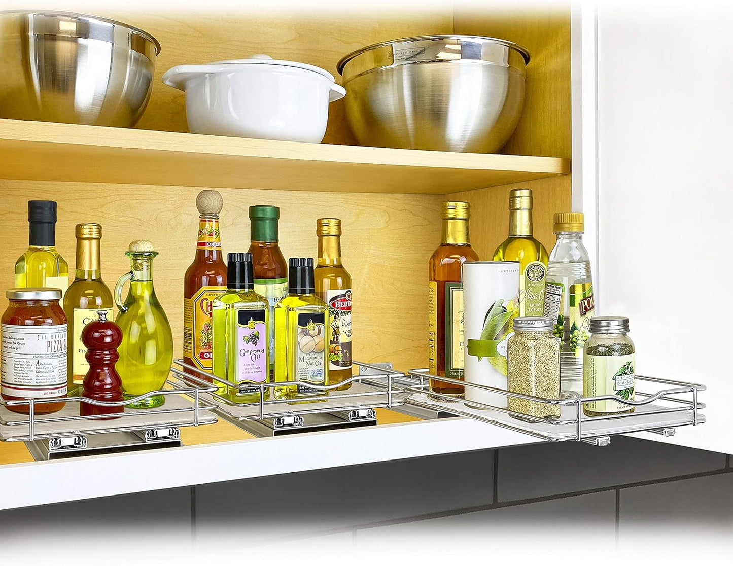 LYNK PROFESSIONAL® Pull Out Spice Organization for Cabinets - 4-3/8 inch Wide – Spice Rack for Inside Cabinets, Slide Out Spice Rack Organizer for cabinet – Pull Out Spice Rack, Sliding 2 Tier Chrome