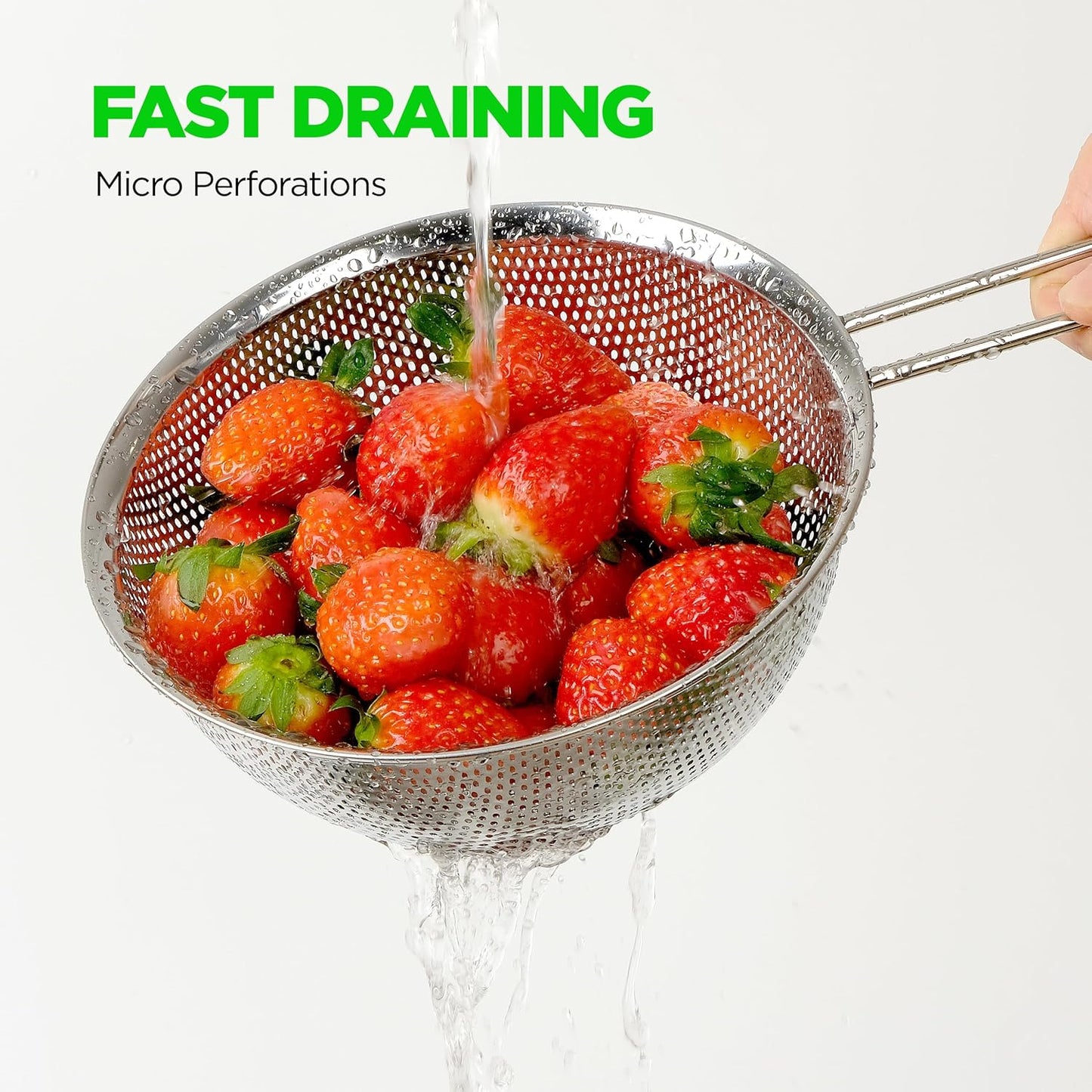 Shallow Stainless Steel Colander Set of 3 – Micro-Perforated Tray Strainers for Berries Vegetables Fruit, 18/8 304 Low Profile (2, 3, 4 Qt) Self-Draining Base, Dishwasher Safe, Made in Korea