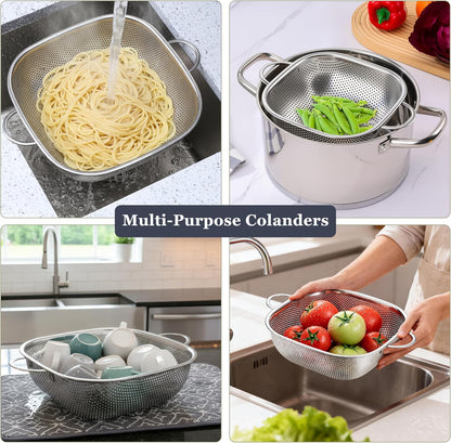 E-far 3 Pack Colander for Kitchen, Square Stainless Steel Metal Strainer Colander with Handle for Draining Food Pasta Vegetable, Micro-Perforated & Elevated Feet, Dishwasher Safe(2.4/4/6QT)