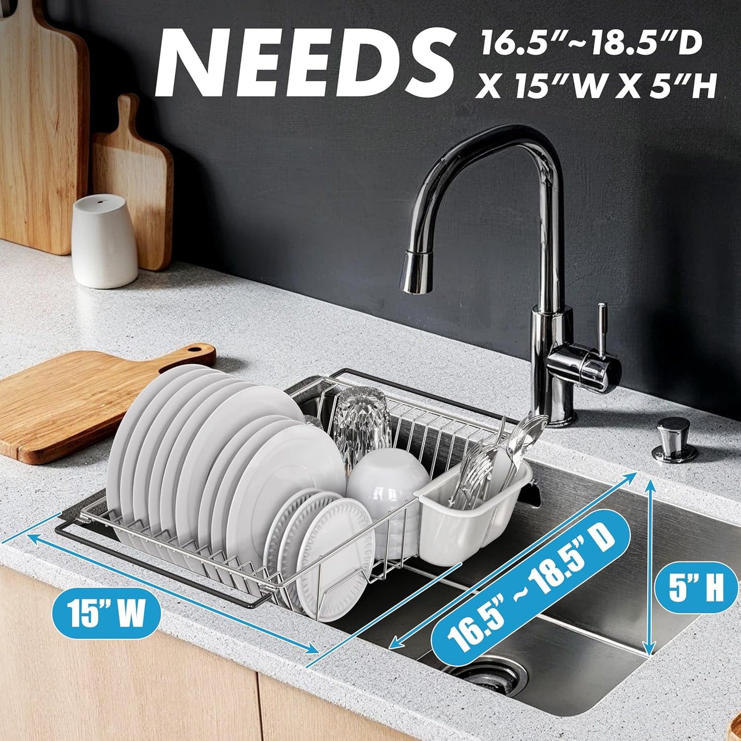 Simple Houseware Over Sink Counter Top Stainless Steel Dish Drainer Drying Rack, Chrome