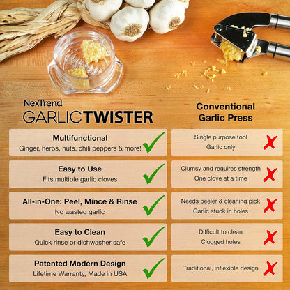 Nextrend Garlic Twister 4th Gen – Garlic Mincer & Garlic Press in One, for Ginger, Herbs, Nuts & more, BPA-Free, Dishwasher Safe, 3–5 Clove Capacity - Green