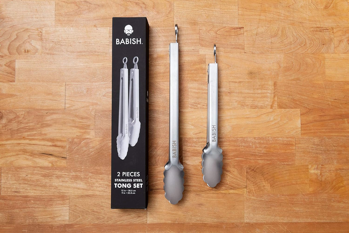 Babish 2-Piece Locking Kitchen Tongs Set – 12” & 9” Stainless Steel Cooking Tongs with Non-Slip Grip – Heavy-Duty BBQ, Grilling & Serving Tools