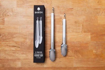 Babish 2-Piece Locking Kitchen Tongs Set – 12” & 9” Stainless Steel Cooking Tongs with Non-Slip Grip – Heavy-Duty BBQ, Grilling & Serving Tools