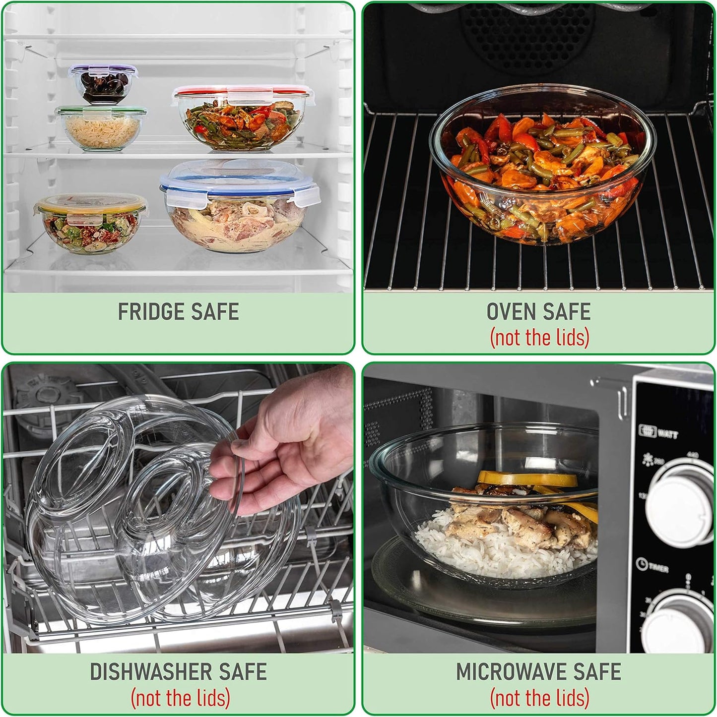 Set of 5 Nesting Glass Bowls with New Updated Acacia Lids for Foodprep, Storage, Mixing & Cooking - Microwave & Oven-ready BPA Free Durable Heat Resistant Inert Borosilicate Glass