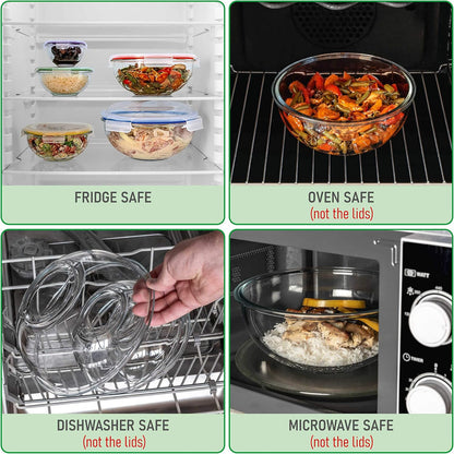 Set of 5 Nesting Glass Bowls with New Updated Acacia Lids for Foodprep, Storage, Mixing & Cooking - Microwave & Oven-ready BPA Free Durable Heat Resistant Inert Borosilicate Glass