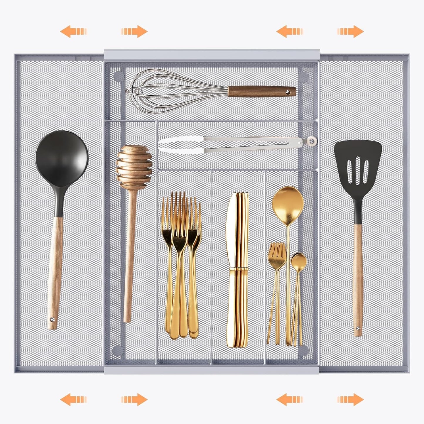 Sedegn Silverware Organizer Metal Mesh, Large Drawer Organizer, Utensil Cutlery Tray for kitchen drawers, Flatware Organizer with 6 Compartment, Black (11.3”*16“)