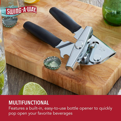 Swing-A-Way Portable Can Opener with Sharp Blade, Manual Hand Held, 2-in-1 Can and Bottle Opener, Made of Steel, Easy Turn Knob, Basic Kitchen Essentials (Red)