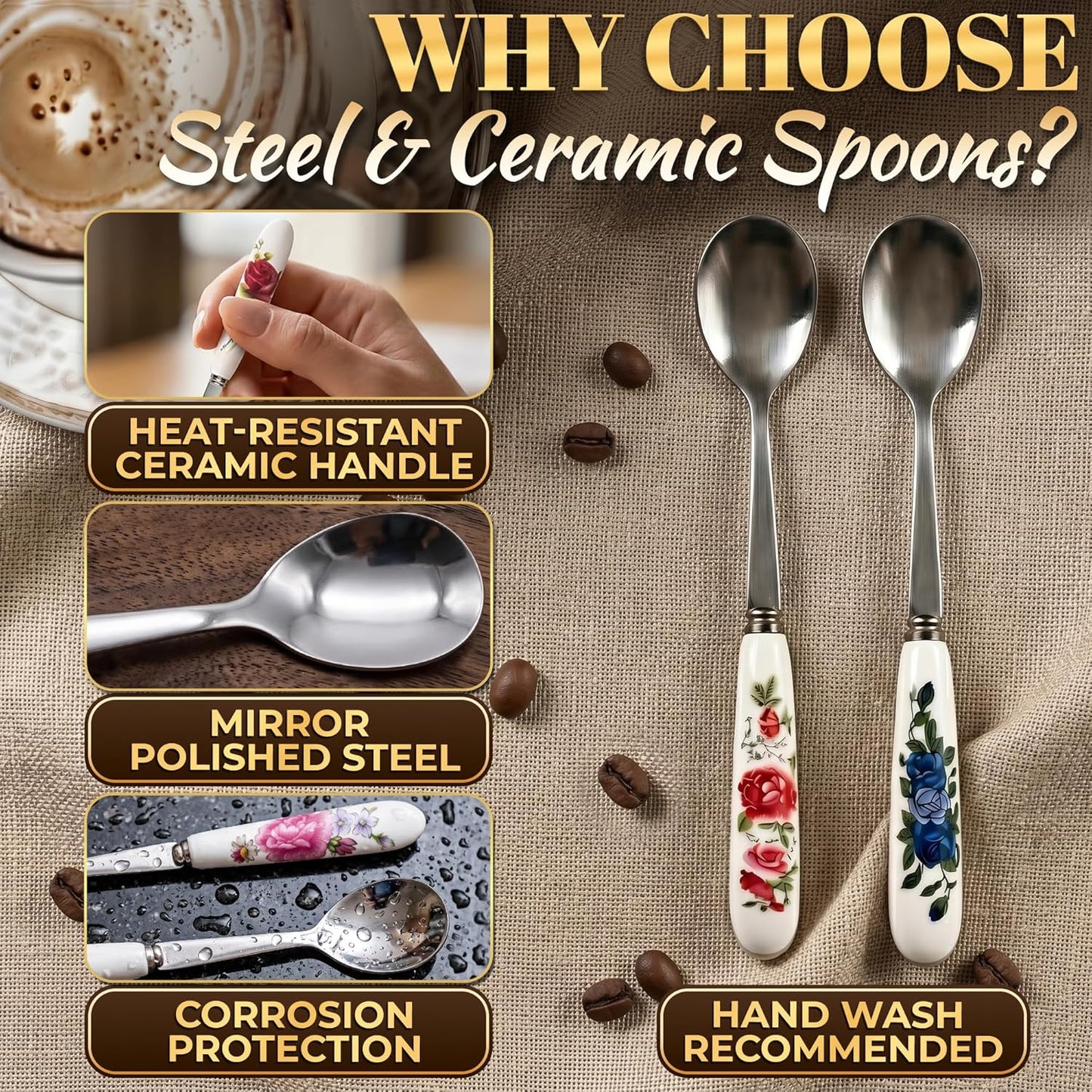 6 PCs Ceramic Handle Coffee Spoons Set – 6.1" Small Dessert Spoons with Floral Design – Stainless Steel Tea & Dessert Sugar Spoon for Coffee Bar, Espresso, Hot Drinks | Kitchen Gift Set for Women