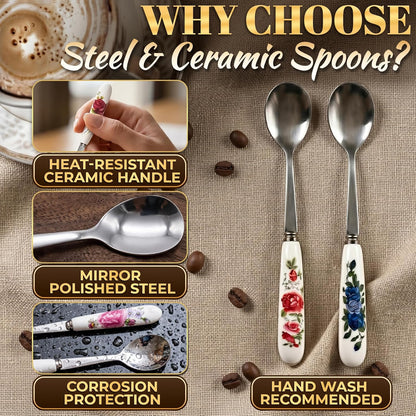 6 PCs Ceramic Handle Coffee Spoons Set – 6.1" Small Dessert Spoons with Floral Design – Stainless Steel Tea & Dessert Sugar Spoon for Coffee Bar, Espresso, Hot Drinks | Kitchen Gift Set for Women