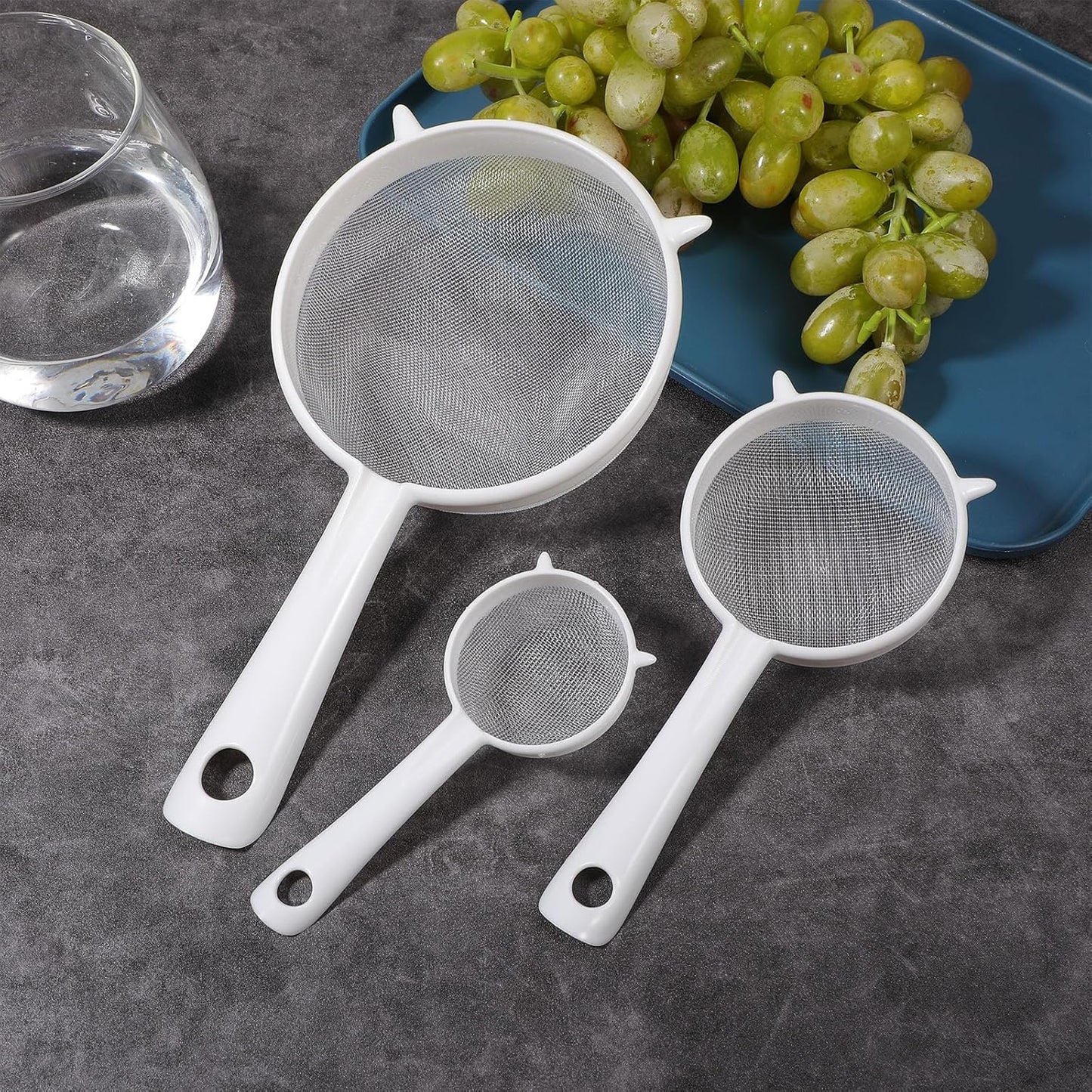 Andibro 3 Pcs Plastic Mesh Strainer Set, Fine Sieve with Handle for Kefir Tea Coffee Nut Milk Flour Sifter Dishwasher Safe
