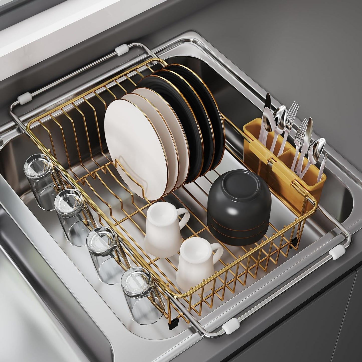 JASIWAY Roll Up Dish Drying Rack, Expandable (12.8"-23.8" D x 12.8" W) Stainless Steel Portable Drainer for Kitchen Sink Counter, Foldable Over The Sink Cover with Removable Utensil Holder