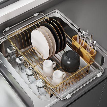 JASIWAY Roll Up Dish Drying Rack, Expandable (12.8"-23.8" D x 12.8" W) Stainless Steel Portable Drainer for Kitchen Sink Counter, Foldable Over The Sink Cover with Removable Utensil Holder