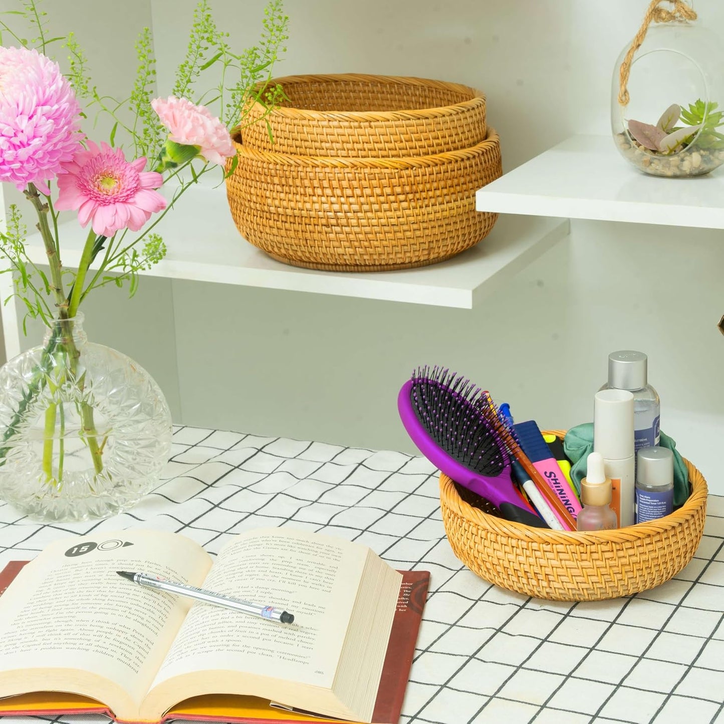 Woven Fruit Basket For Holder Bowl Decorative Bread Vegetable, Serving Bowl Set of 3 For Organizing Kitchen Natural Rattan Picnic Basket Round Stackable (Natural)