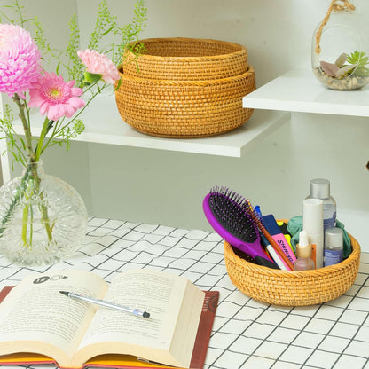 Woven Fruit Basket For Holder Bowl Decorative Bread Vegetable, Serving Bowl Set of 3 For Organizing Kitchen Natural Rattan Picnic Basket Round Stackable (Natural)