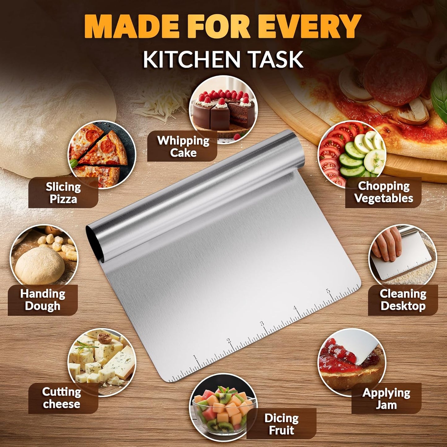 Bench Scraper Kitchen – Multipurpose Pastry Scraper Tool with Measurement Marks for Even Portions, Stainless Steel Build, Ergonomic Grip for Better Control – Pizza, Cookie & Bread Dough Cutter Tool