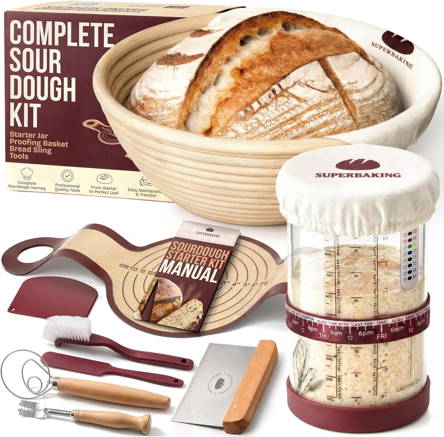Superbaking Sourdough Starter Kit, 9" Round Banneton Bread Proofing Basket Set, Sourdough Bread Baking Supplies, Sourdough Tools with Silicone Bread Sling, Bread Making Tools, Baking Gifts