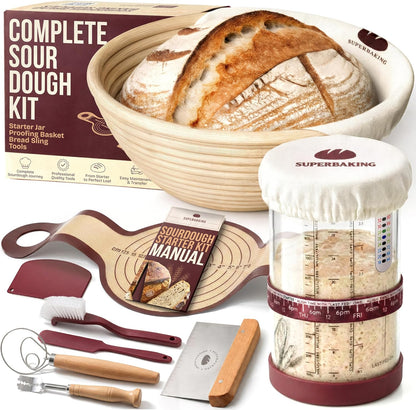 Superbaking Sourdough Starter Kit, 9" Round Banneton Bread Proofing Basket Set, Sourdough Bread Baking Supplies, Sourdough Tools with Silicone Bread Sling, Bread Making Tools, Baking Gifts