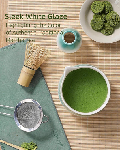 ZENS Pink Matcha Set, Matcha Whisk Set Includes 15oz Ceramic Bowl & (Chasen Holder), Bamboo Whisk & Scoop, Sifter and Pink Tea Towel, 6pcs Matcha Kit for Matcha Lovers
