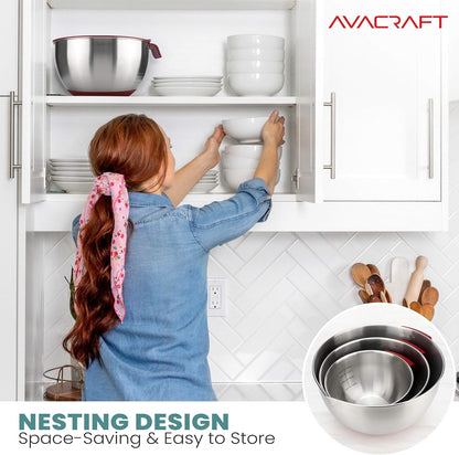 AVACRAFT 18/10 Stainless Steel Mixing Bowls with Lids, non slip silicone base bowls with Handle, Mixing Bowl Set with Pour Spouts & Measurement Marks, Home Essentials Cooking Bowls, (Black)