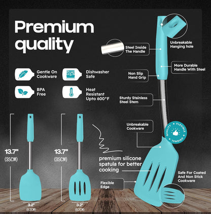 BakeRoyal Silicone Spatula Set - Turner Spatulas Silicone Heat Resistant 600°F - Slotted & Solid Spatula for Cooking Fish, Eggs, Pancakes Flipper – Spatulas for kitchen use – Royal Blue