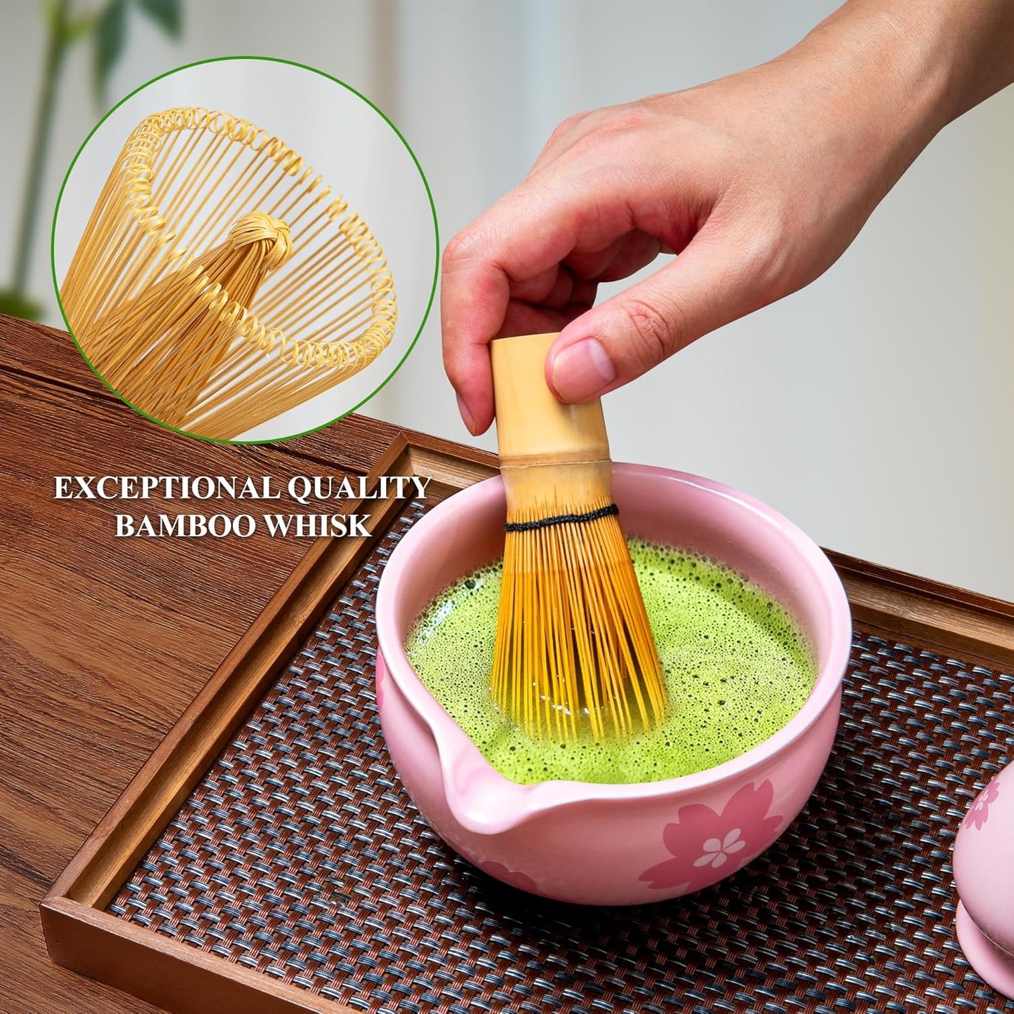 Matcha Whisk Set Matcha Making Kit Bamboo Chasen Ceramic Whisk Holder Stand Sifter Scoop Japanese Tea Tools (Solid Pink)